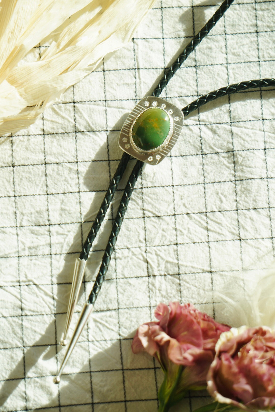 Of-the-World Western Bolo // Forest Green Pilot Mountain Turquoise, Genuine Leather + Sterling Silver