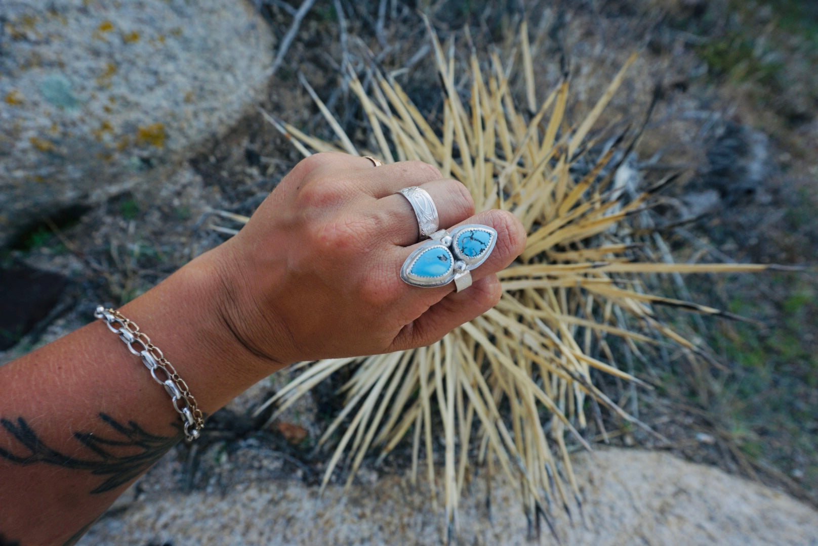 Floral Band Ring, Double Stone, Size 9.25 // Lavender Turquoise + Sterling Silver
