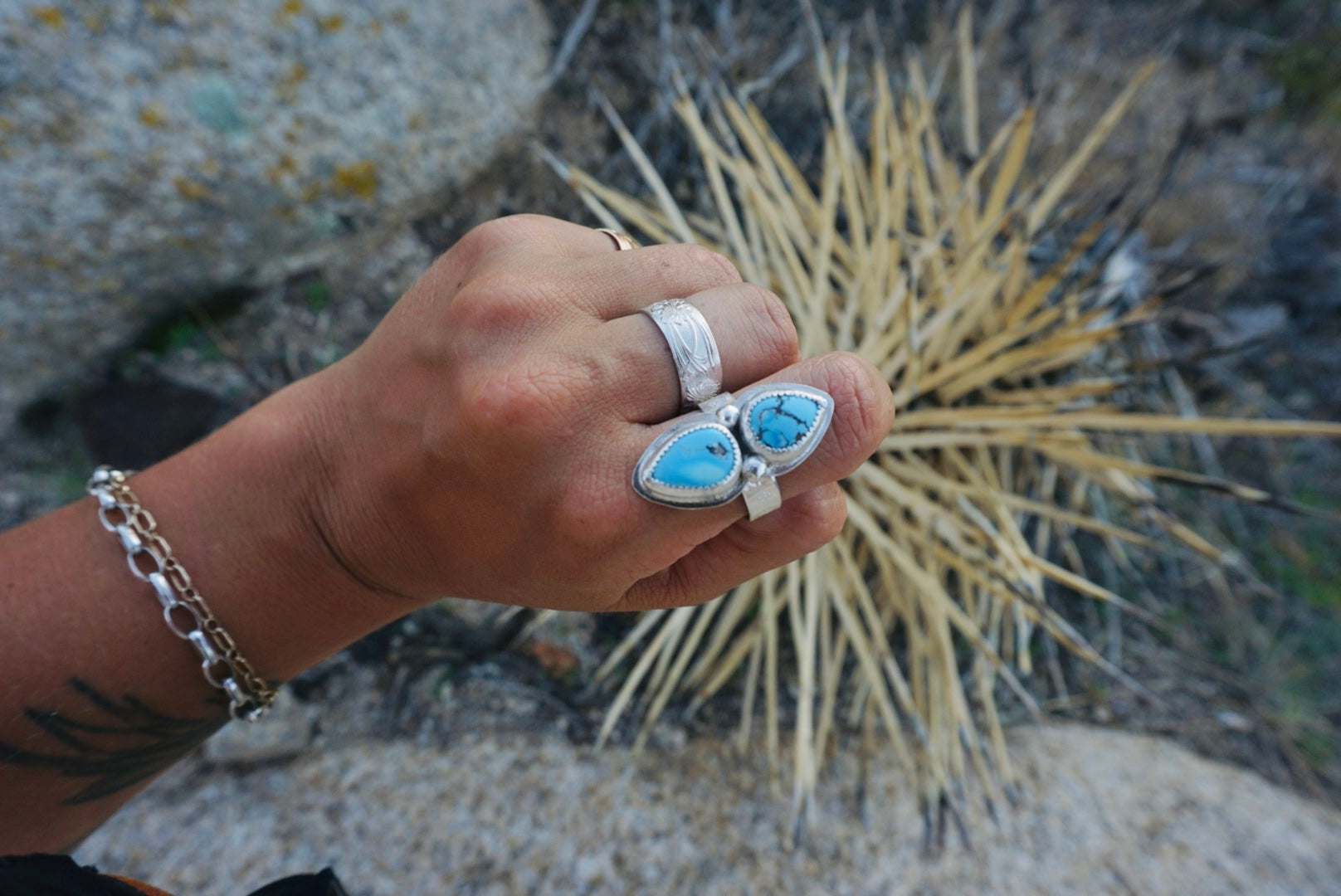 Floral Band Ring, Double Stone, Size 9.25 // Lavender Turquoise + Sterling Silver