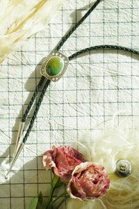 Of-the-World Western Bolo // Forest Green Pilot Mountain Turquoise, Genuine Leather + Sterling Silver
