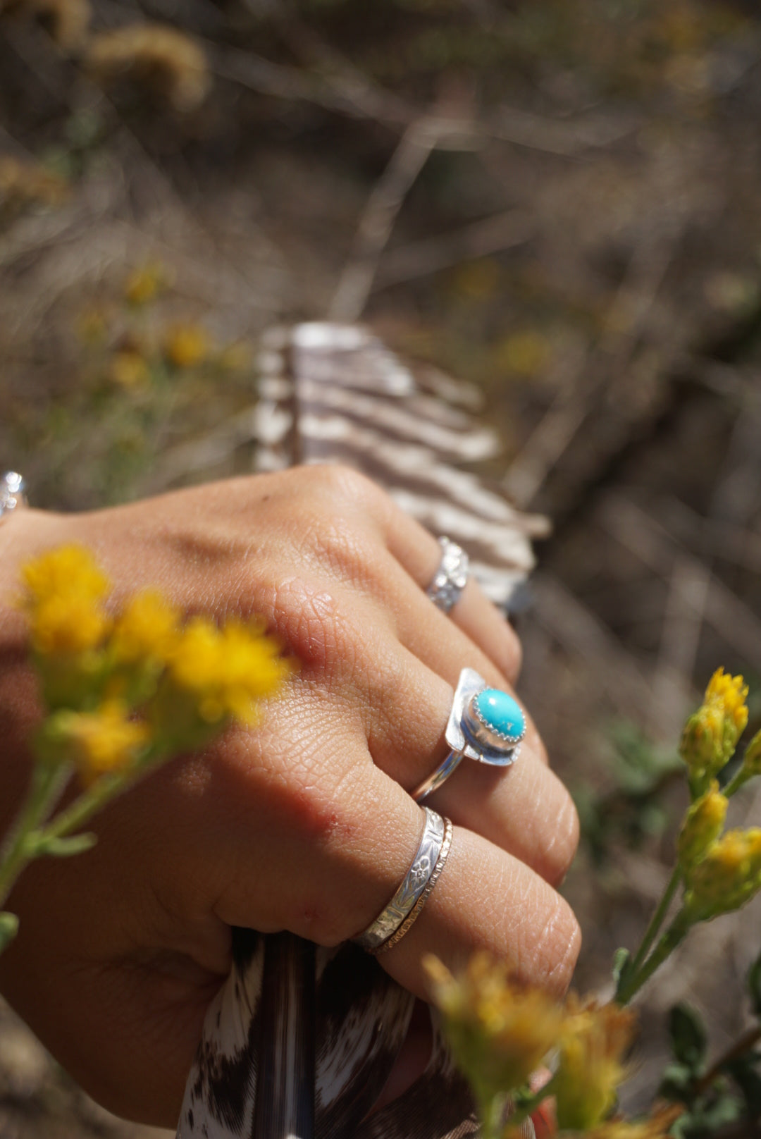 ‘Mini Feather Cut Ring #1 SIZE 7.5 // Sterling + Kingman Turquoise