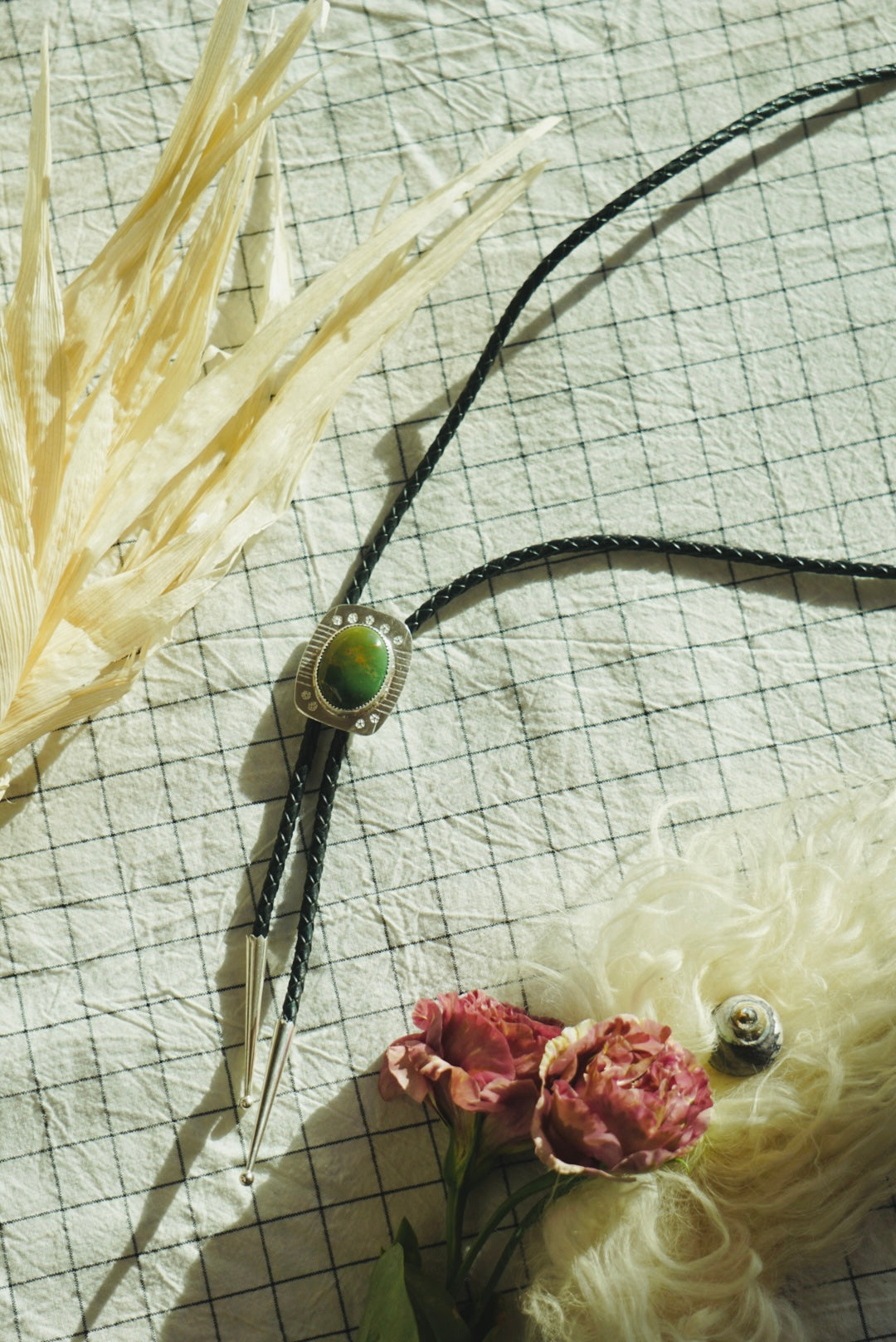 Of-the-World Western Bolo // Forest Green Pilot Mountain Turquoise, Genuine Leather + Sterling Silver