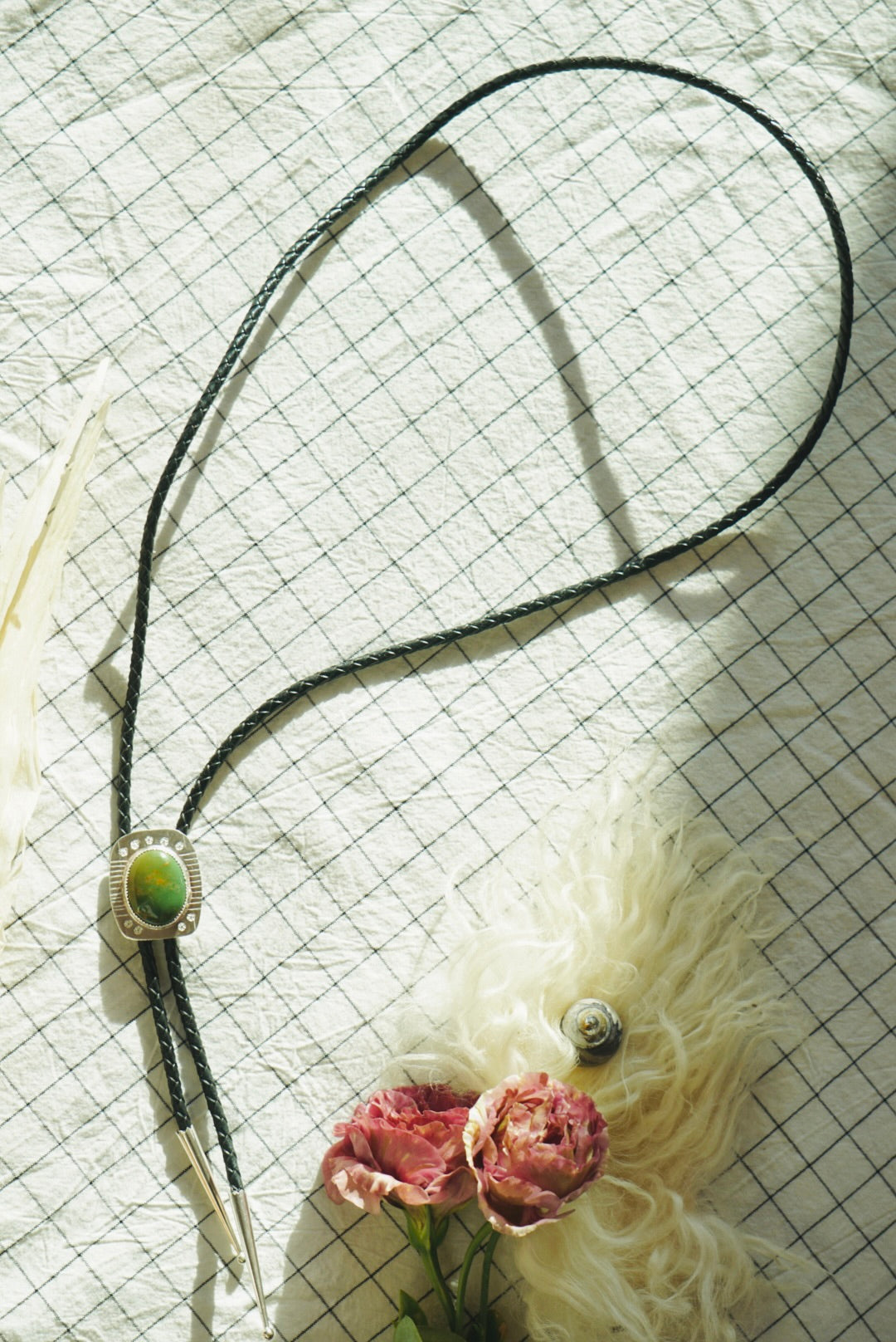 Of-the-World Western Bolo // Forest Green Pilot Mountain Turquoise, Genuine Leather + Sterling Silver