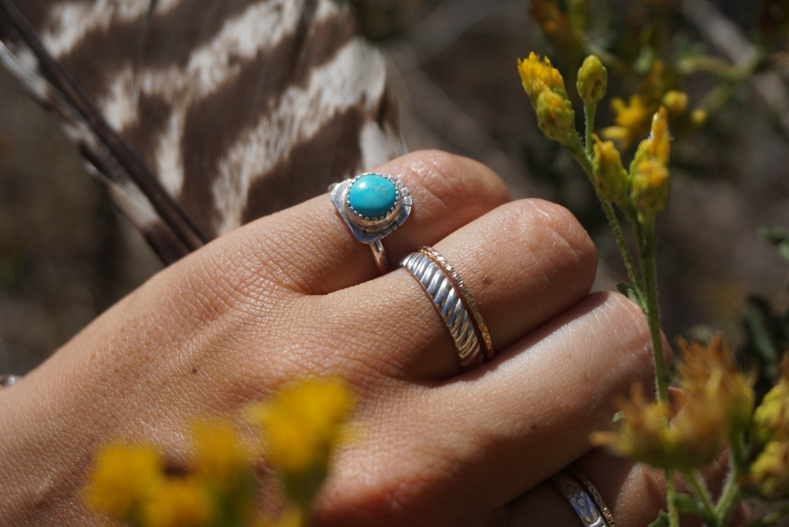 ‘Mini Feather Cut Ring #3 SIZE 5 // Sterling + Kingman Turquoise