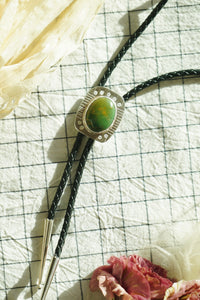 Of-the-World Western Bolo // Forest Green Pilot Mountain Turquoise, Genuine Leather + Sterling Silver