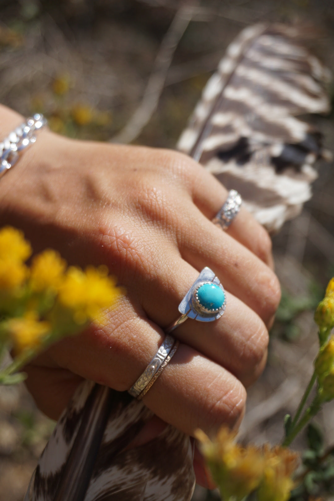‘Mini Feather Cut Ring #1 SIZE 7.5 // Sterling + Kingman Turquoise