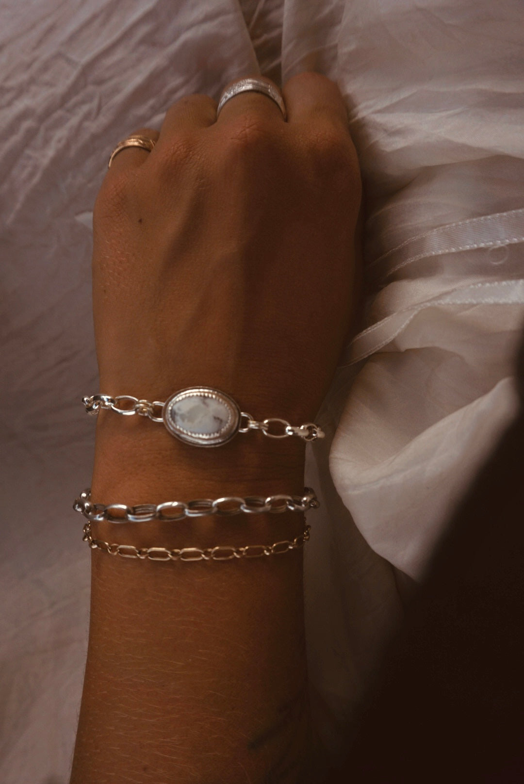 Silver Lining Oval Link Turquoise Bracelet // White Buffalo Turquoise + Sterling Silver